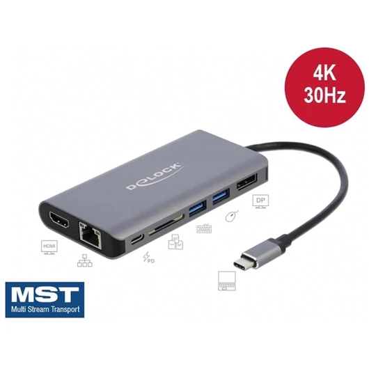 DELOCK USB Type-C docking station 4K HDMI, DP, USB 3.0, SD kártyaolvasó, LAN, PD 3.0