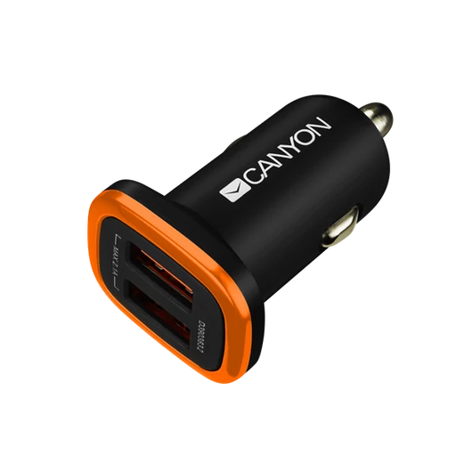 CANYON Autós Töltő, 2 portos, 2xUSB, 5V-2,1A, fekete - CNE-CCA02B