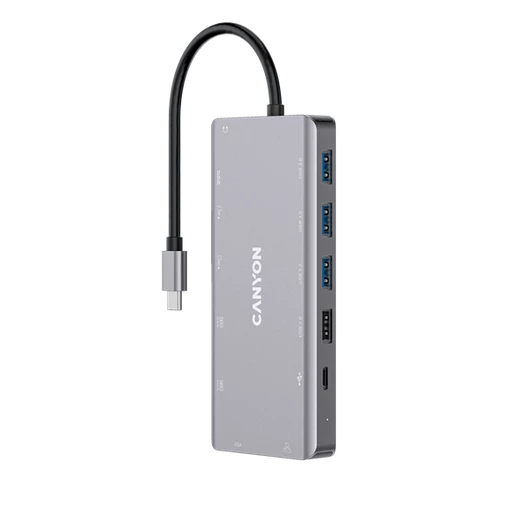 CANYON HUB 13-in-1, USB-C, 3xUSB3.0, 1xUSB2.0, 2xHDMI, VGA, Ethernet, Audio, SD / microSD, szürke - CNS-TDS12