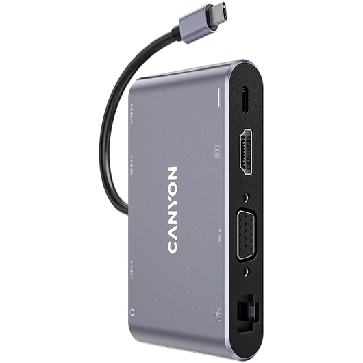 CANYON HUB 8-in-1, USB-C, 3xUSB3.0, 1xUSB-C, HDMI, VGA, Ethernet, Audio, szürke - CNS-TDS14