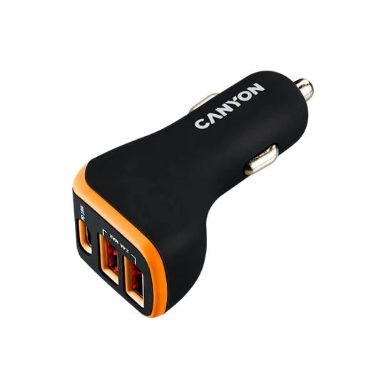 CANYON Autós Töltő, 3 portos, 2xUSB-A, 1xUSB-C, 5V-2,4A, 18W, fekete-narancs - CNE-CCA08BO