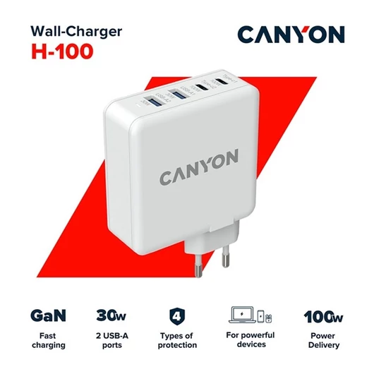 CANYON Hálózati Töltő, 4portos, 2xUSB-C 100W, 2xUSB-A 30W, fehér - CND-CHA100W01