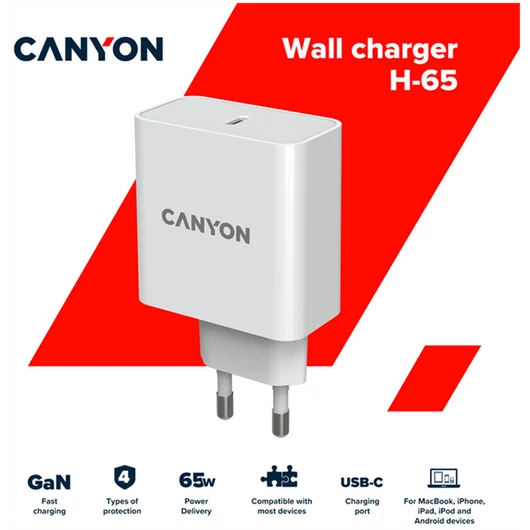 CANYON Hálózati Töltő, 1 portos, USB-C, 65W, fehér - CND-CHA65W01