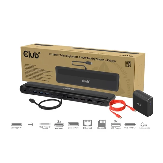 Club 3D Notebook Dokkoló - CSV-2541 (USB-C to 4xUSB-C, 2xUSB-A, 2xHDMI, 2xDP, RJ45, SD / MicroSD, 100W PD, 4K60hz)