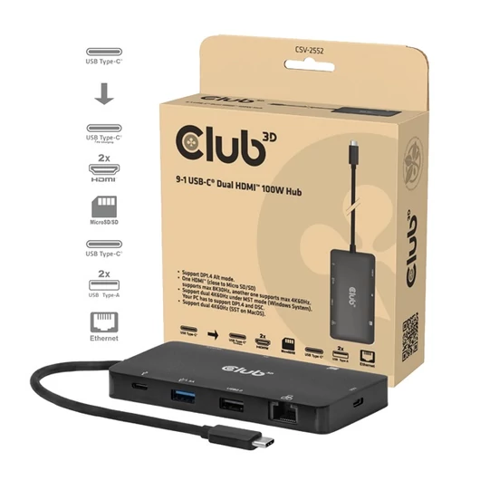 Club 3D USB Hub - CSV-2552 (USB-C to 2xUSB-C, 2xUSB-A, 2xHDMI, RJ45, SD / MicroSD, 100W PD, 4K60hz)