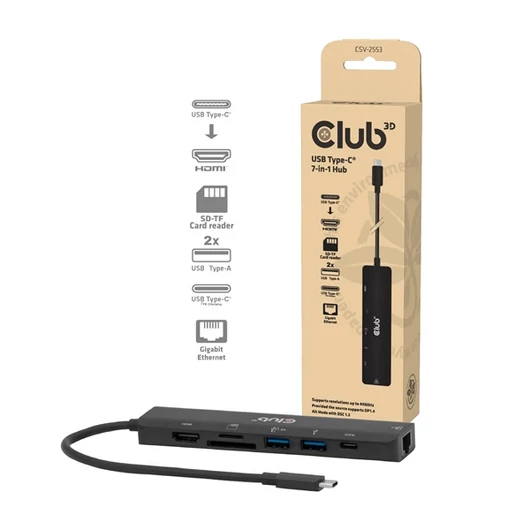 Club 3D USB Hub - CSV-2553 (USB-C to USB-C, 2xUSB-A, HDMI, RJ45, SD / MicroSD, 100W PD, 4K60hz)