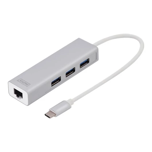 DIGITUS 3 Port USB 3.0 Type C Hub with Gigabit Ethernet 3xUSB A/F 1xUSB C/M 1xRJ45 LAN Supports Windows and Mac OS