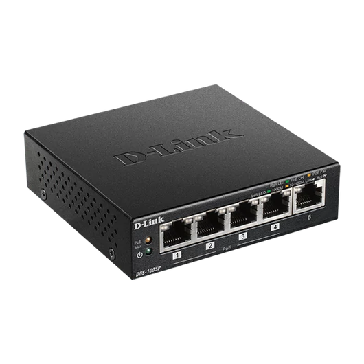 D-LINK Switch 5x1000Mbps (4xPOE + ) Fémházas Asztali, DGS-1005P / E