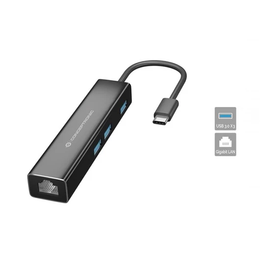 Conceptronic USB Hub - DONN07B (USB-C to 3xUSB-A 3.0 + RJ-45, fekete)