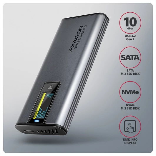 HDD ház Axagon EEM2-SD2 USB-C 10Gbps – M.2 NVMe & SATA SSD DISPLAY box