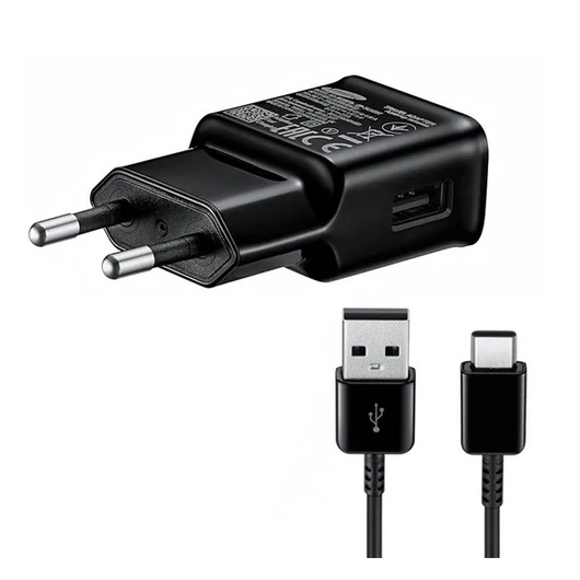 SAMSUNG hálózati töltő USB aljzat (5V / 2000 mA, gyorstöltés támogatás + Type-C kábel) FEKETE (EP-TA200EBE_TYPEC)