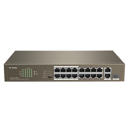 IP-COM Switch PoE - F1118P-16-150W (16x100Mbps + 2x1Gbps; 1x1Gbps SFP; 16 af / at PoE+ port; 130W)