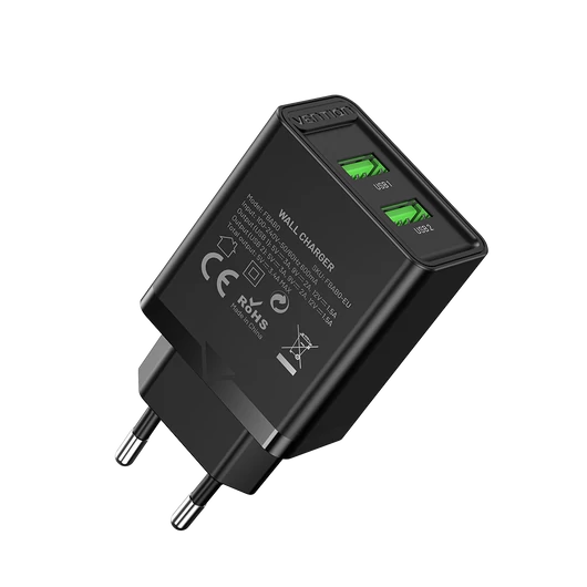 Vention USB-A+A (2port, 18W/18W,fekete), töltő