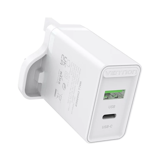 TÖLTŐ USB-A+C (2port, 18W/20W,fehér, UK csatlakozó), Vention