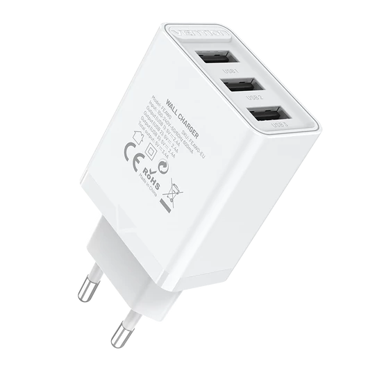 Vention USB-A+A+A (12W/12W/12W, 3-portos, fehér), töltő