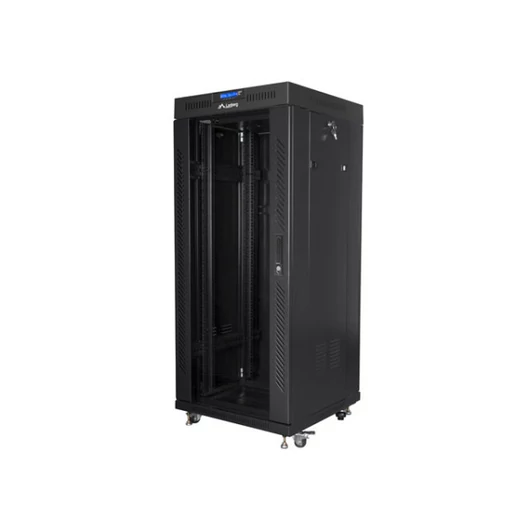 Lanberg FF01-6627-12BL 19"" 27U SZÉL:600mm MÉLY:600mm MAG:1431mm lapraszerelt LCD üvegajtós fekete álló rack szekrény