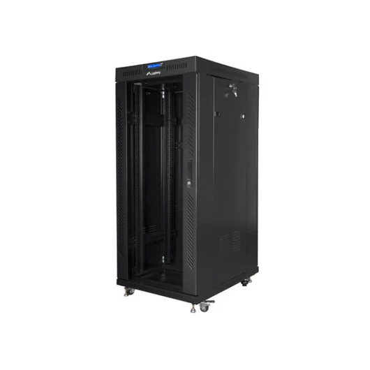 Lanberg FF01-6827-12BL 19"" 27U SZÉL:600mm MÉLY:800mm MAG:1431mm lapraszerelt LCD üvegajtós fekete álló rack szekrény