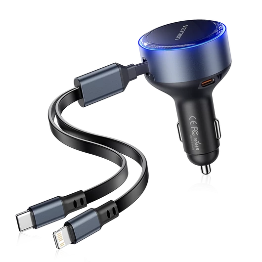 Vention USB-C*2+Lightning (3port,30W, szivargyújtós), töltő