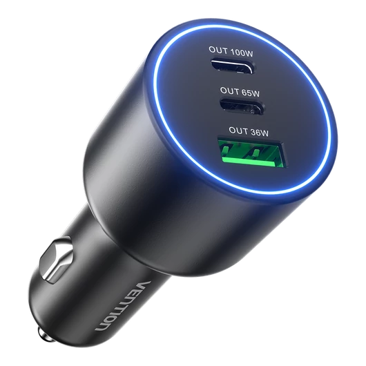 Vention USB-A+C*2 (3port,100/75/36W, fekete,szivargyújtós), töltő