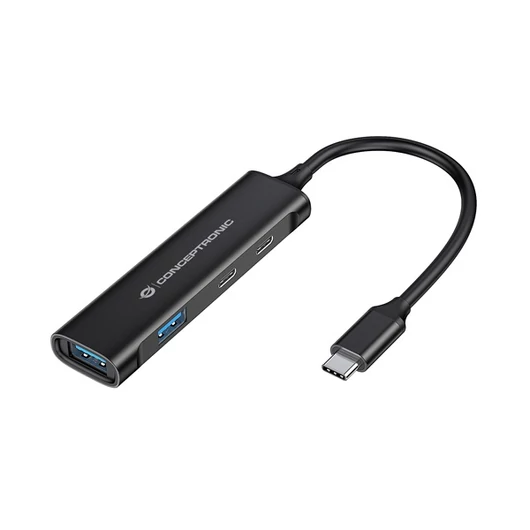 Conceptronic USB Hub - HUBBIES12B (4 Port, USB-C to 2x USB-C + 2x USB-A, fekete)
