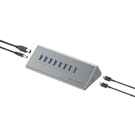 Conceptronic USB Hub - HUBBIES18G (10 port, USB-A / C to 2x USB-C + 8x USB-A, külső táp, szürke)