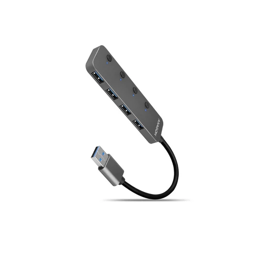 HUB AXAGON HUE-MSA 4x USB3.2 Gen 1 SWITCH, fém, micro USB táp bemebet, 20cm USB-A kábel