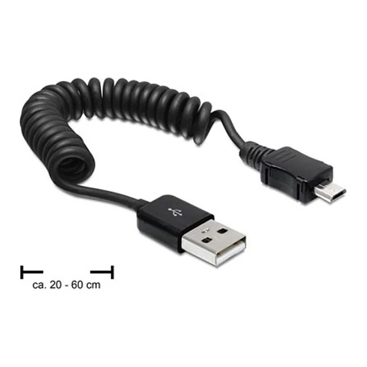 Delock USB 2.0 A -> USB 2.0 micro B M / M adatkábel fekete spirál, 20-60cm