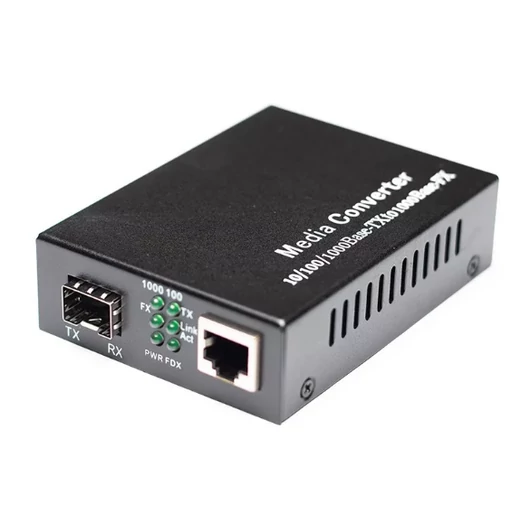 LinkEasy média konverter, 1x10/100/1000Base-T+1xGE SFP (SFP modul nélkül), külső 5V PSU, DIP SW<br><br>A LinkEasy 10G média konverter egy 10/100M/1G/2.5G/5G/10GBase-T - 10GBase-X SFP+ média konverter. Az SFP+ optikai interfész multimódusú, mon