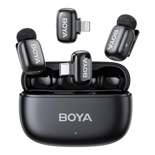 BOYA Mikrofon - mini 2-01 (Vezeték nélküli, AI zajszűrő, fekete, 2TX + 2RX, Lightning, USB-C)
