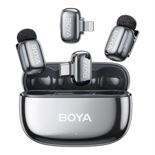 BOYA Mikrofon - mini 2-01-Space Gray ((Vezeték nélküli, AI zajszűrő, szürke, 2TX + 2RX, Lightning, USB-C)
