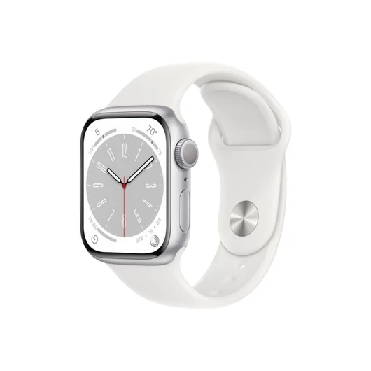 Apple Watch Series 8 GPS 41mm ezüstszínű alumínium tok, fehér sportszíj (MP6K3CM/A)