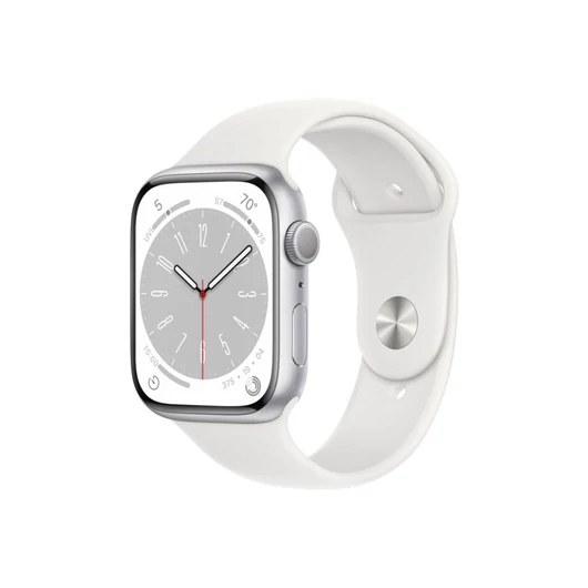 Apple Watch Series 8 GPS 45mm ezüstszínű alumínium tok, fehér sportszíj (MP6N3CM/A)