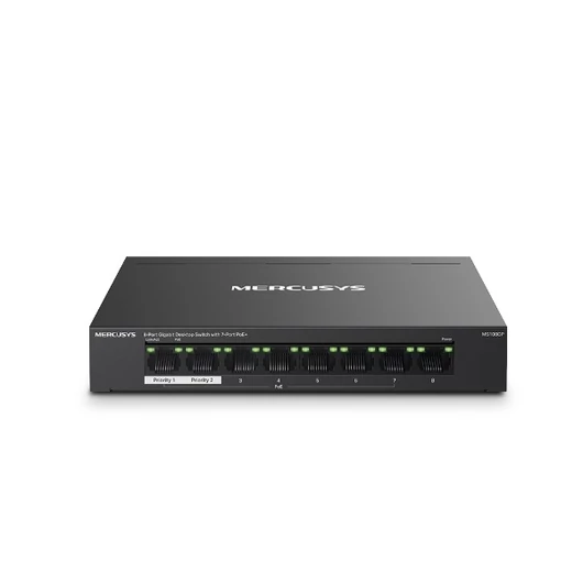 Mercusys Switch  PoE - MS108GP (8 port 1Gbps; 7 af / at PoE+ port; 65W; 250m; fém ház)