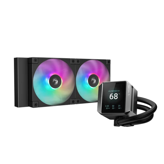 DeepCool CPU Water Cooler - MYSTIQUE 240 ARGB (max 21dB; max. 123,09 m3 / h; 2x12cm, LED kijelző, fekete)