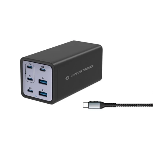 Conceptronic telefon töltő adapter - OZUL06BE (4x USB-C + 2x USB-A, 200W, fekete)