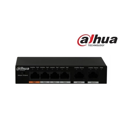 Dahua PoE switch - PFS3006-4ET-60 (1x 10 / 100(HighPoE / PoE+ / PoE) + 3x 10 / 100(PoE+ / PoE) + 2x 10 / 100 uplink, 60W, 51VDC)