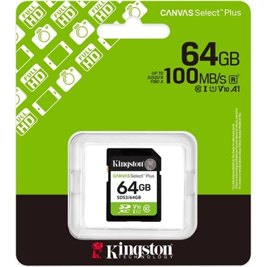Kingston 64GB Canvas Select Plus UHS-1 U1 V10 SDXC memóriakártya