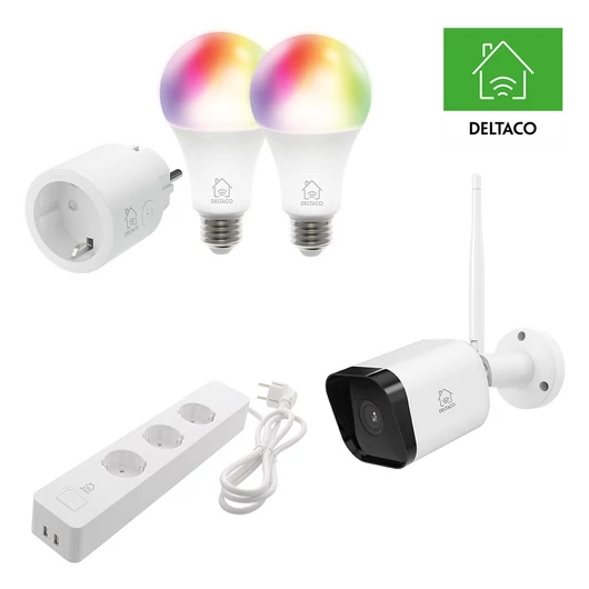 Deltaco SMART HOME SH-KIT03 szett, 1db aljzat, 2db izzó (SH-P01), 1db kamera (SH-IPC07), 1db elosztó (SH-P03USB2)