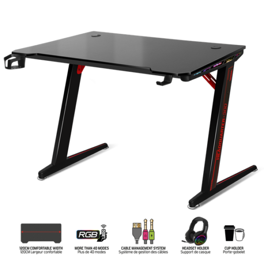 Spirit of Gamer Gamer Asztal - Headquarter 300 (MDF lap, fém lábak, fekete, RGB LED háttérvilágítás, 120 x 60 x 1,8 cm)