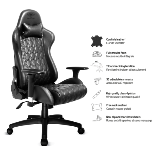 Spirit of Gamer szék - BLACKHAWK Leather (állítható dőlés / magasság; BŐR; max.100kg-ig, fekete)