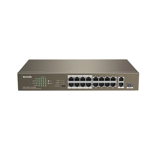 Tenda Switch PoE - TEF1118P-16-150W V3.0 (16x100Mbps; 2x1Gpbs; 1xSFP Combo; 16 af / at PoE+ port; 150W)