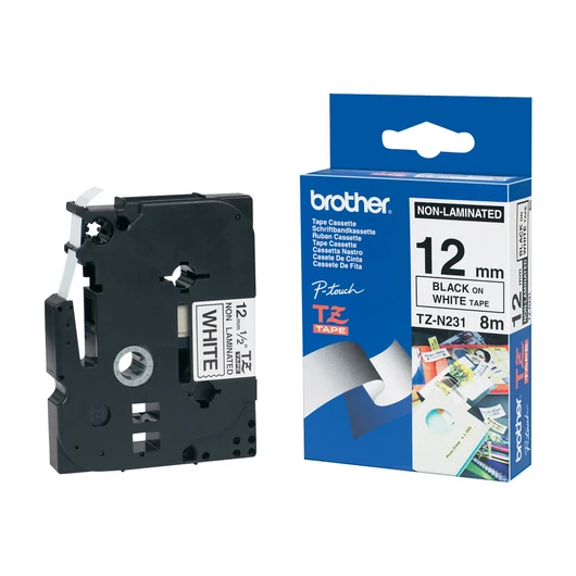 BROTHER TZEN231 12mm BLACK ON WHITE ADHESIVE TAPE NON LAMINATED