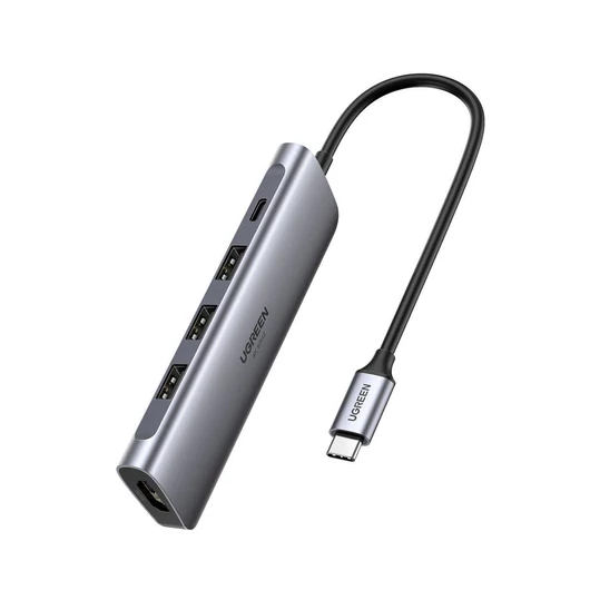 UGREEN 5 az 1-ben hub adapter USB-C --> 3x USB 3.0 + HDMI 4K + USB-C PD 100W szürke (70495)
